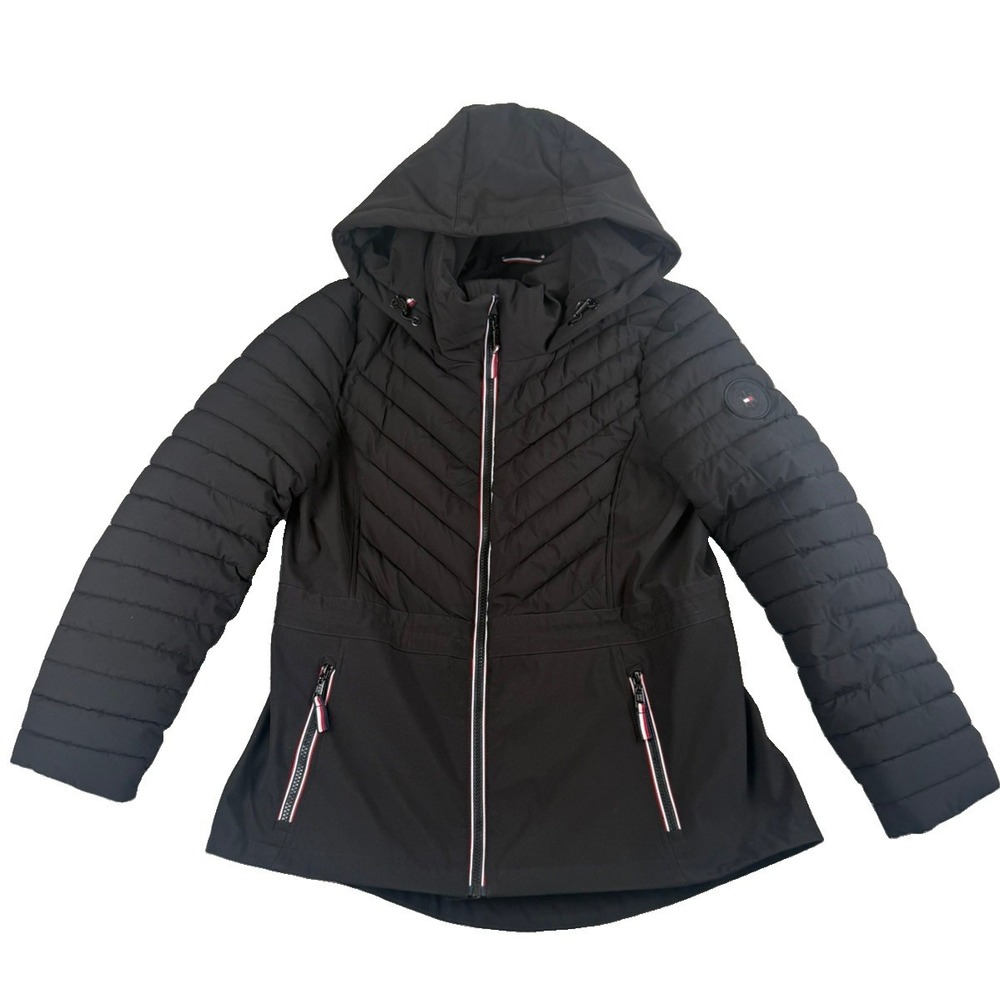 Tommy Hilfiger Womens M Black Hooded Puffer Jacket Hybrid Softshell Full Zip